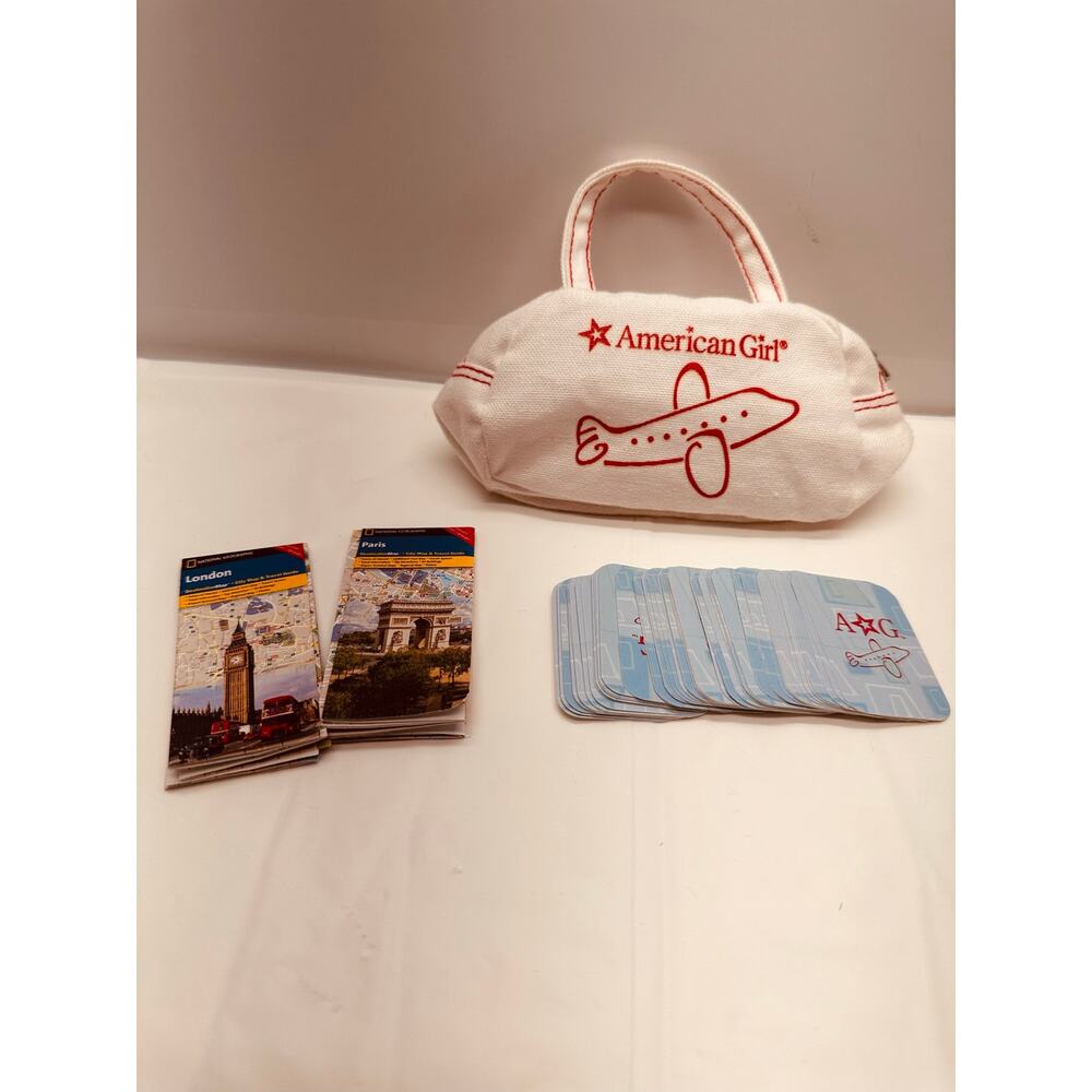 American Girl Travel Set Airplane Flight White Duffle Bag with Cards & Maps